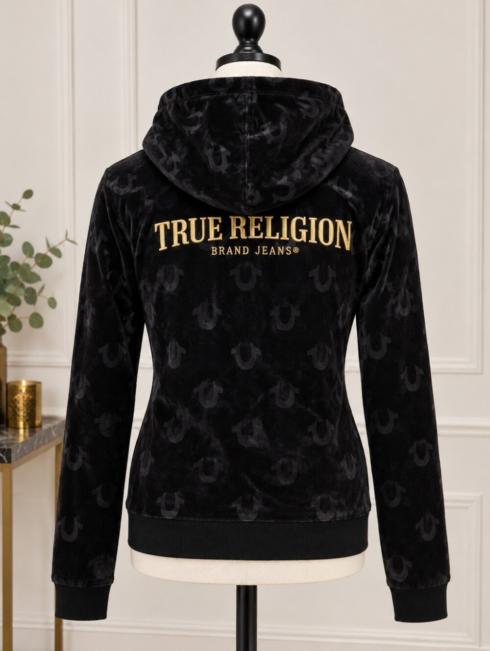 True Religion Black Velour Hoodie with Gold Logo